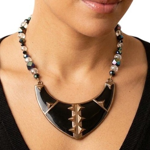 Vintage Vogue Statement Necklace Black Enamel Crescent Bib Aurora Borealis Beads